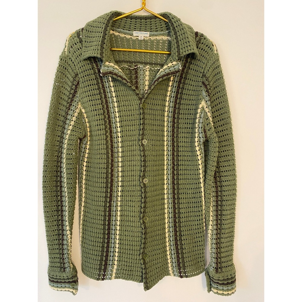 Earthbound Trading Co Crochet Knit Cardigan Sweater Green Striped Boho Womens M